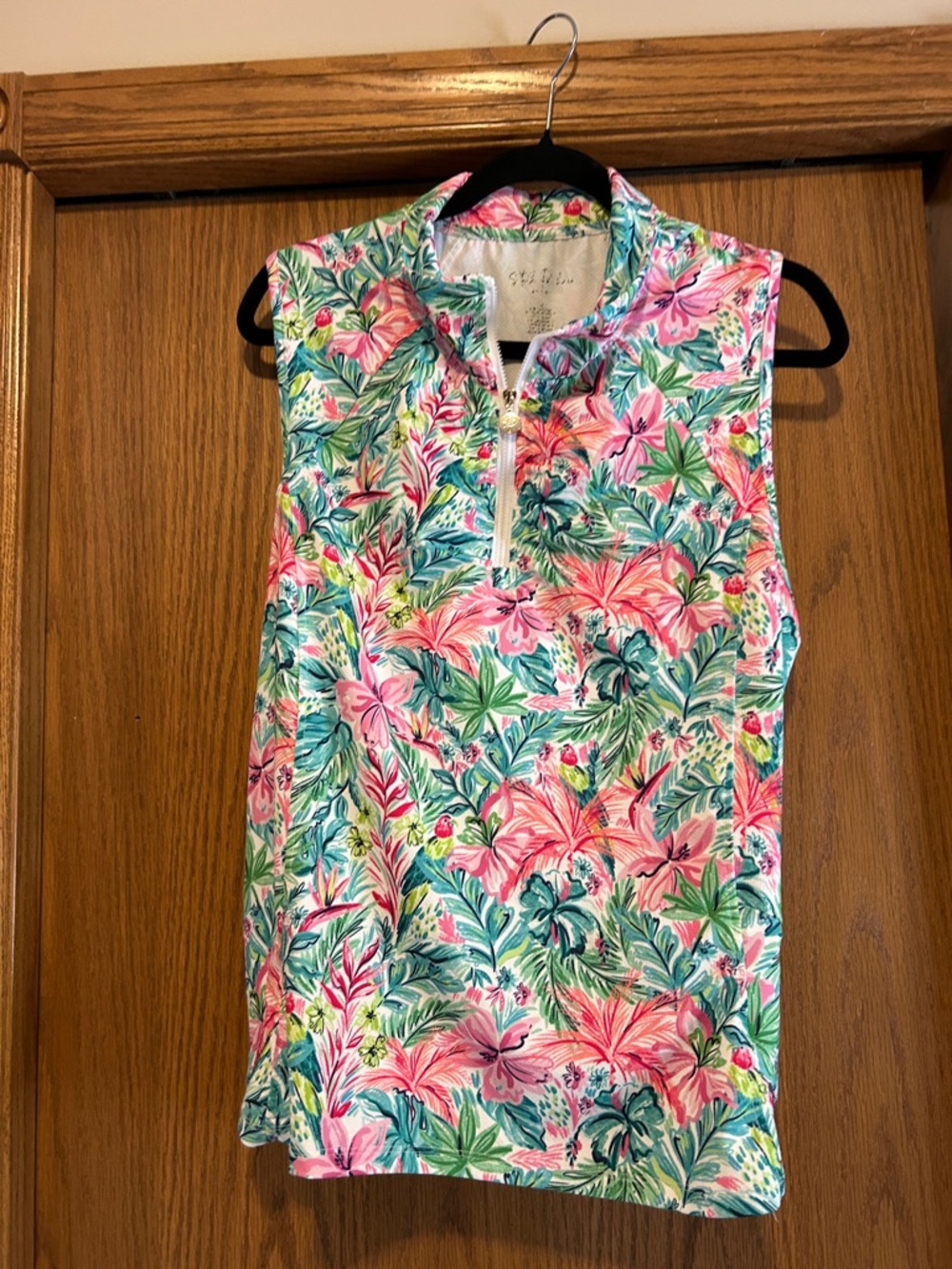 Stella Parker Golf shirt Sleeveless Floral Zip-Front Top - Pink & Green- xl